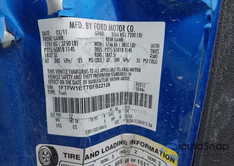 2011 Ford F-150 Xlt из США, поврежденный, VIN 1FTFW1ET7BFB22128